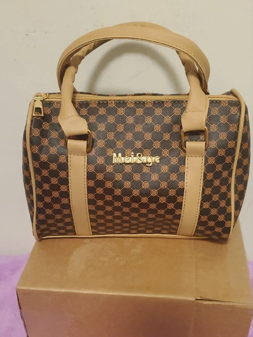 Brown Patterned Satchel with Tan Trim